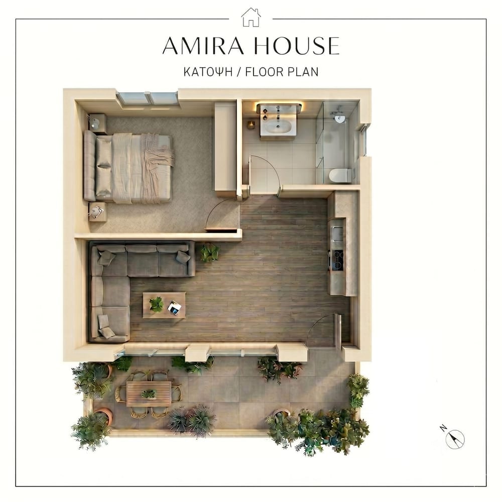 Amira House floor plan — bedroom with double bed, bathroom with shower, open living/kitchen and private garden (41sqm, sleeps 4) in Sykia, Halkidiki